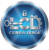 Logotipo: LCL cerrajería. Círculo azul con llave, cerradura, engranaje y texto plateados.