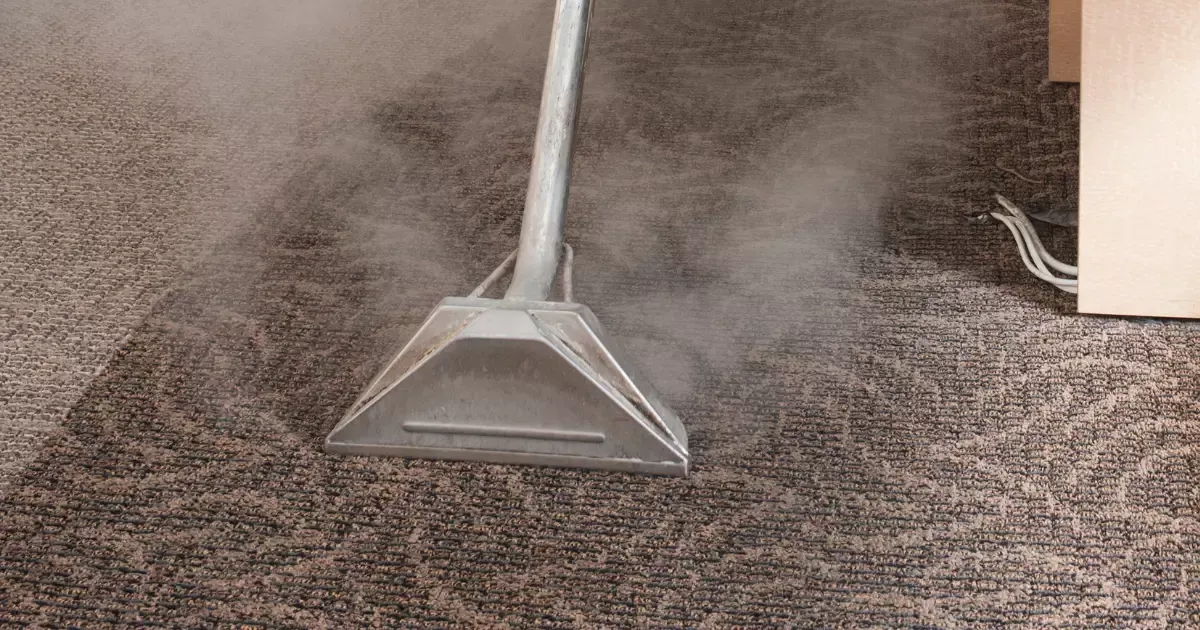 Close-up of a steam wand head performing steam carpet cleaning on patterned carpet fibers