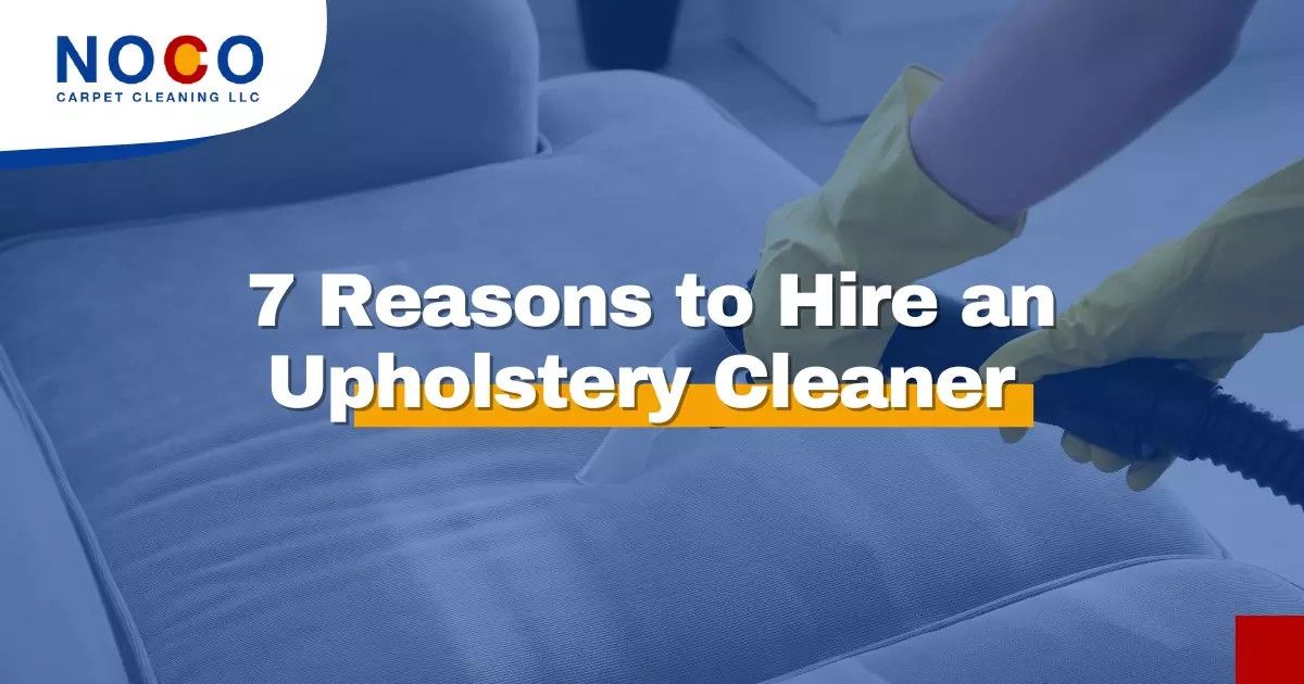 Graphic showing 7 reasons to hire an upholstery cleaner with a gloved hand cleaning a fabric chair.