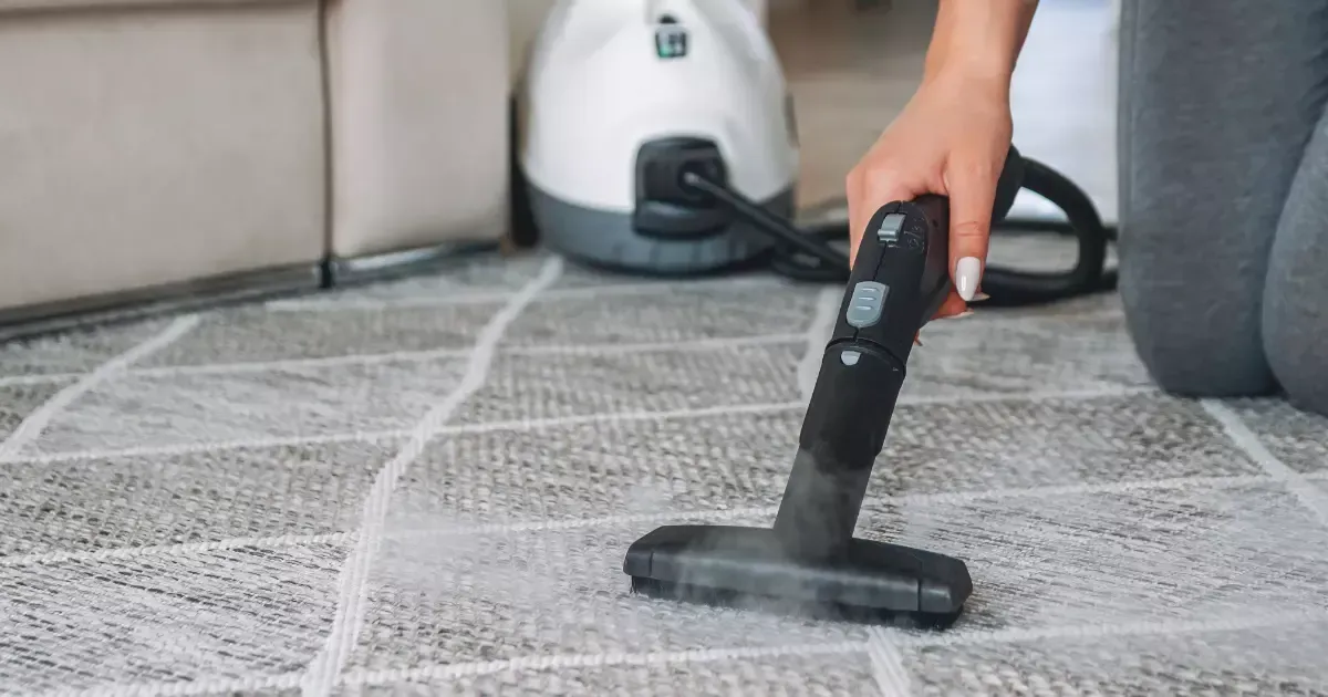Homeowner using a portable unit for steam carpet cleaning on a living room area rug
