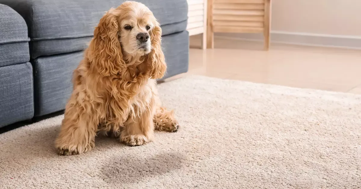 Pet stain on carpet in living room with carpet care near me for pet-related cleaning solutions