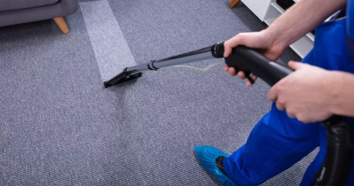Technician using a steam cleaner for deep carpet cleaning on a gray carpet in a living room.