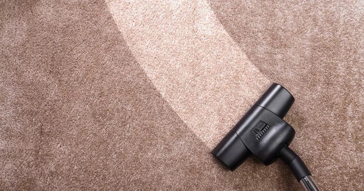 Vacuum head cleaning a beige carpet, showing the results of deep carpet cleaning for improved appearance and hygiene.