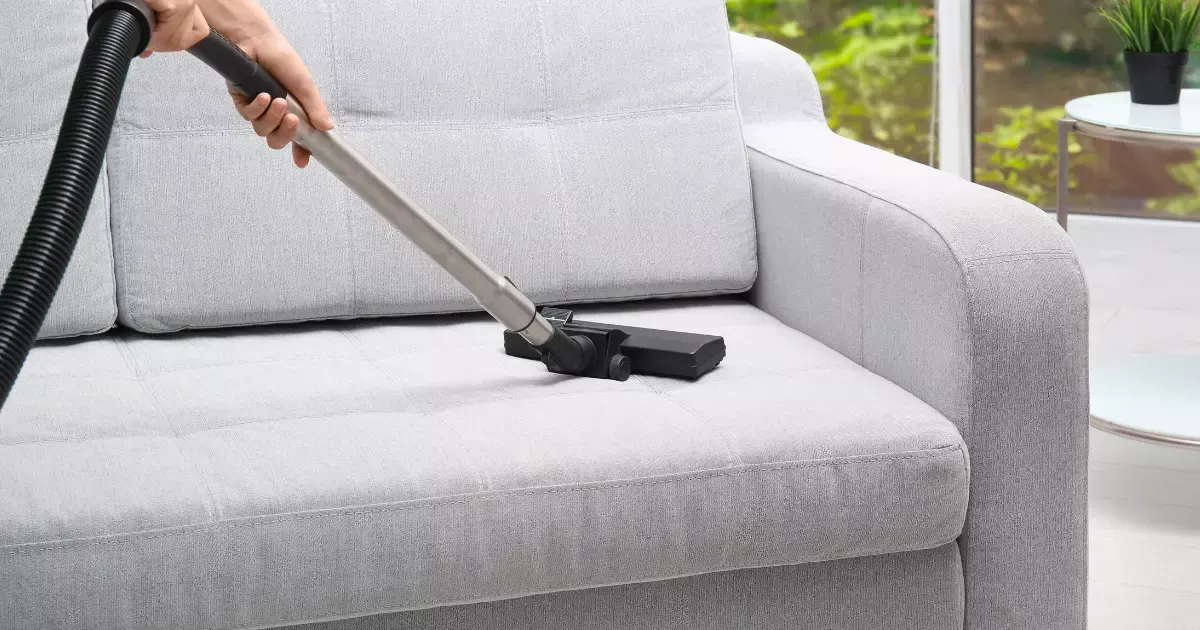 A person cleaning a gray couch with a vacuum cleaner