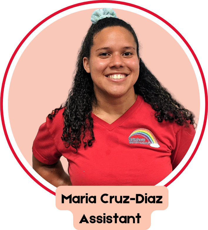 A woman wearing a red shirt with a rainbow on it is maria cruz-diaz assistant