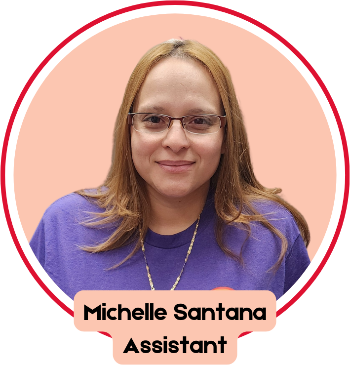 A woman wearing glasses and a purple shirt is named michelle santana assistant