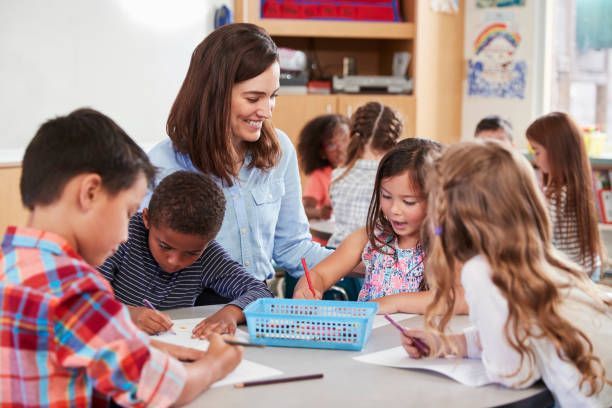 A teacher is teaching a group of children in a classroom.