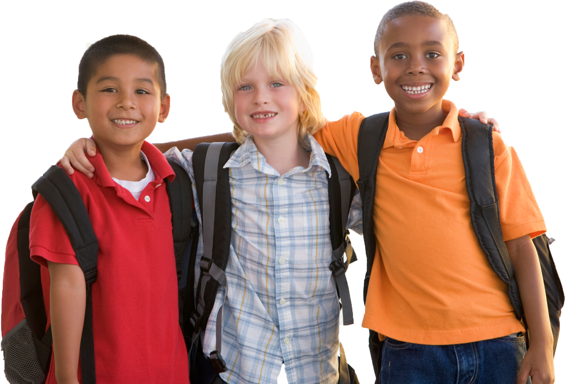 Three young boys with backpacks are posing for a picture together Three young boys with backpacks are posing for a picture together