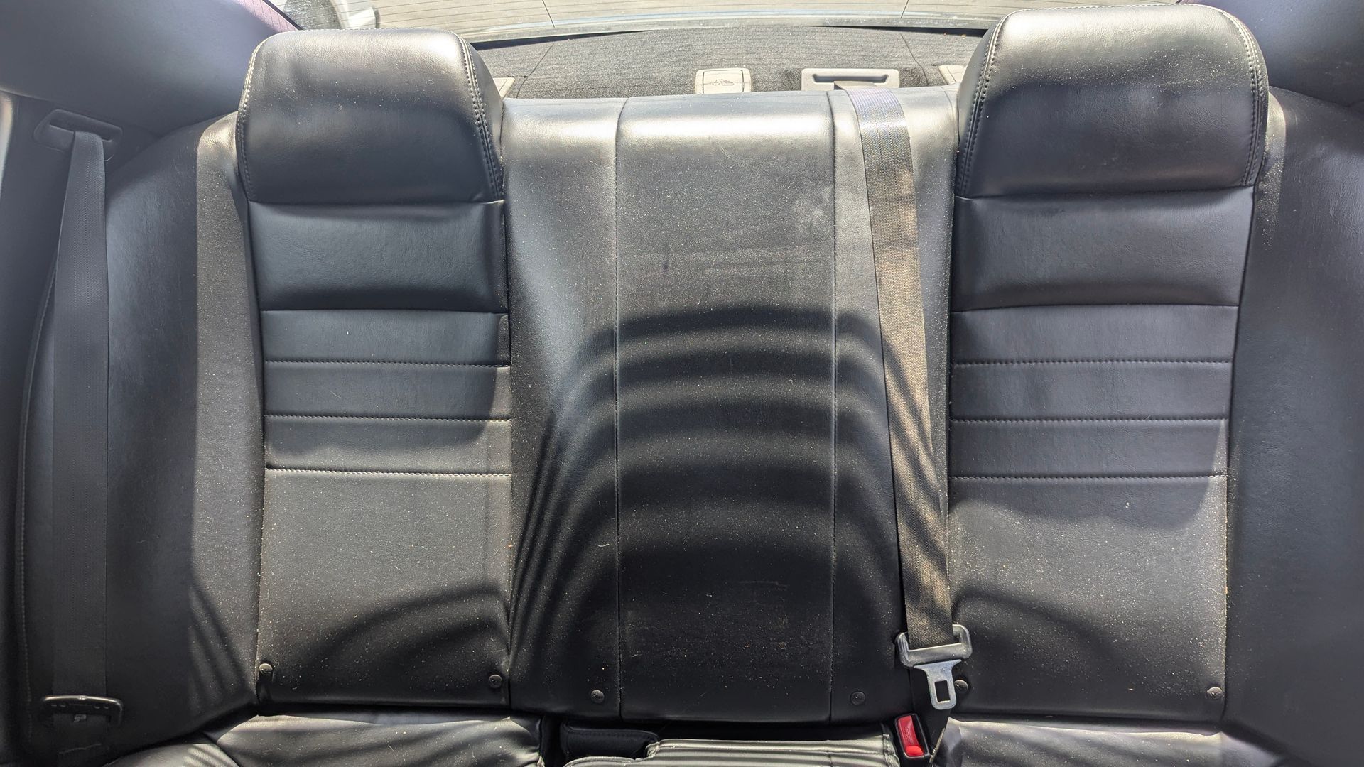 Black car back seat with two headrests and a seatbelt.