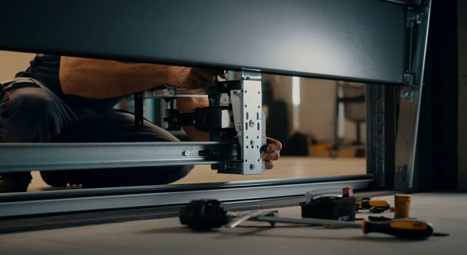 A person in a garage workspace installs the metal track mechanism of a large overhead door.