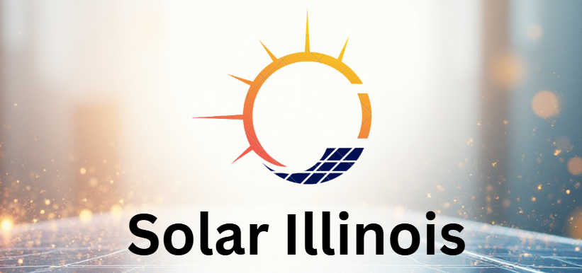 Solar Illinois logo with sun graphic and solar panels, on a blurred background. Text 
