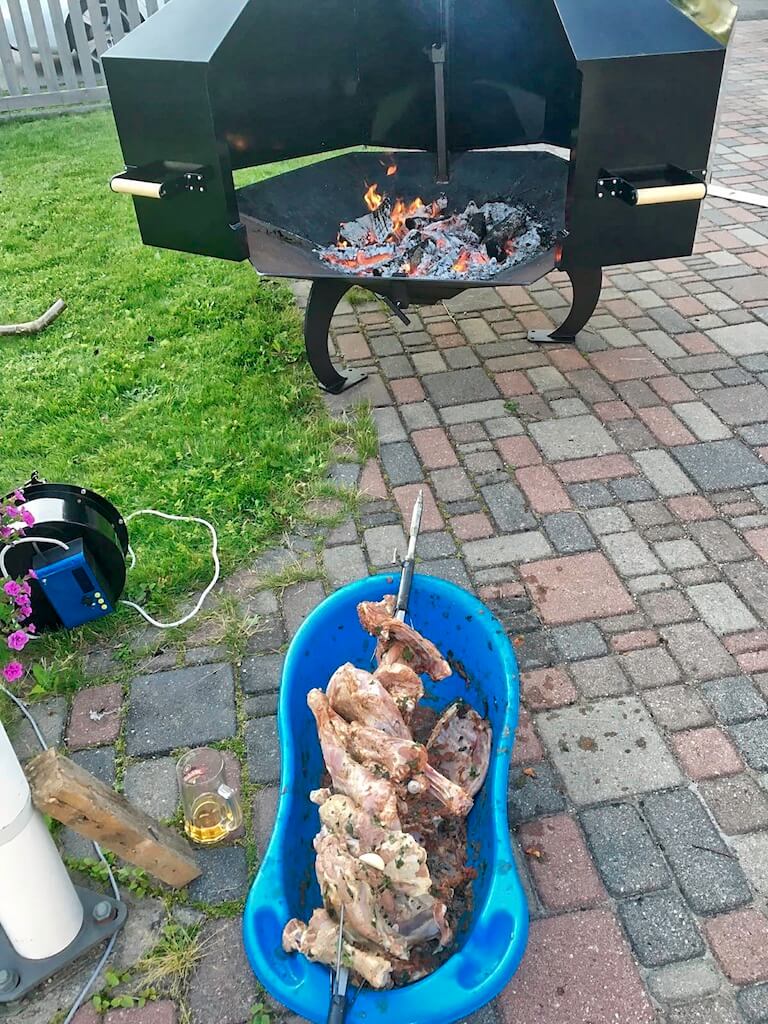 A blue bowl filled with meat is sitting on a brick sidewalk next to a fire pit.