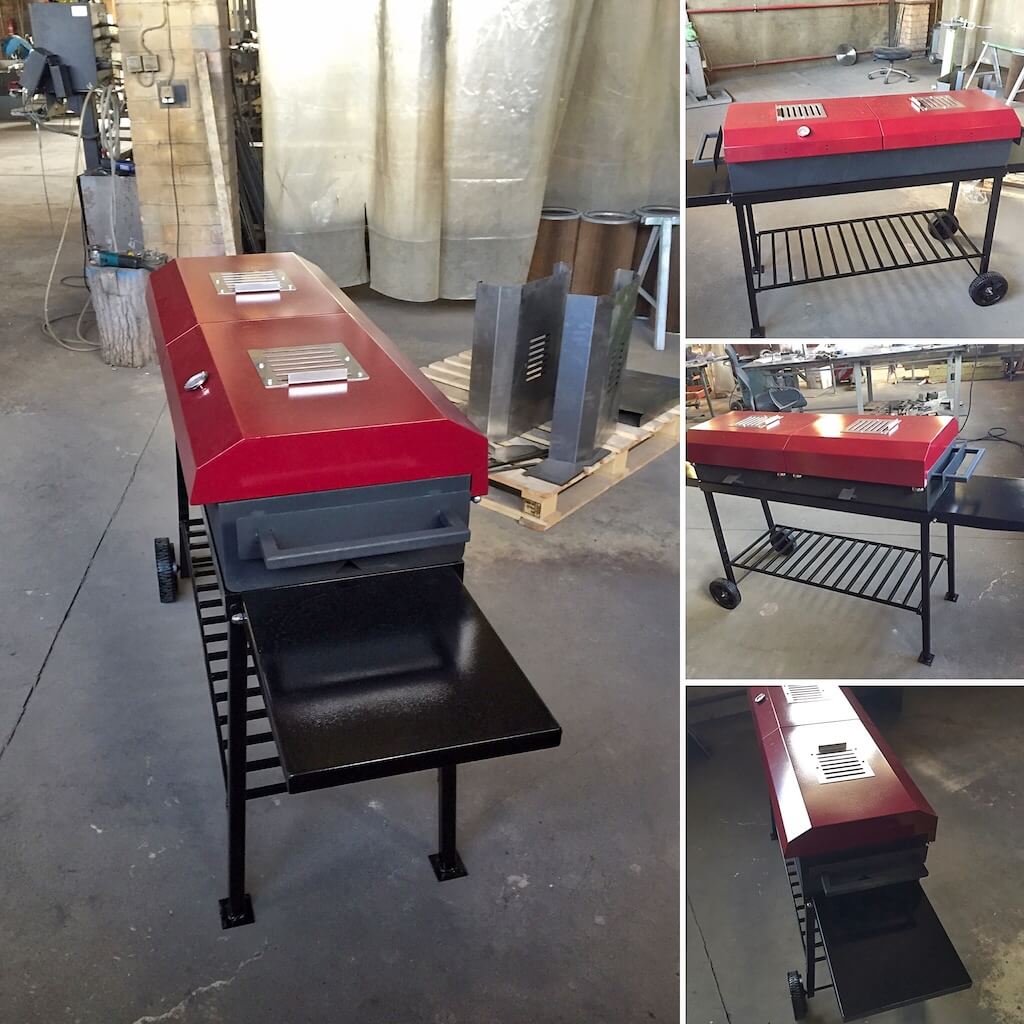 A collage of four pictures of a grill with a red top
