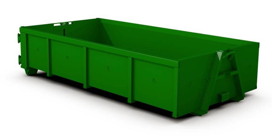 A green dumpster is sitting on a white surface.