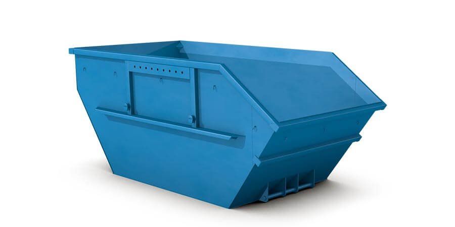 A blue dumpster is sitting on a white surface.