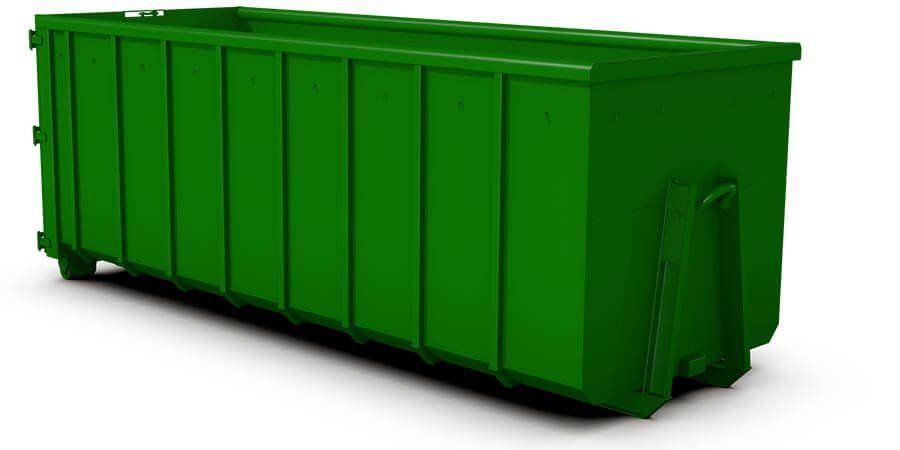 A green dumpster is sitting on a white surface.