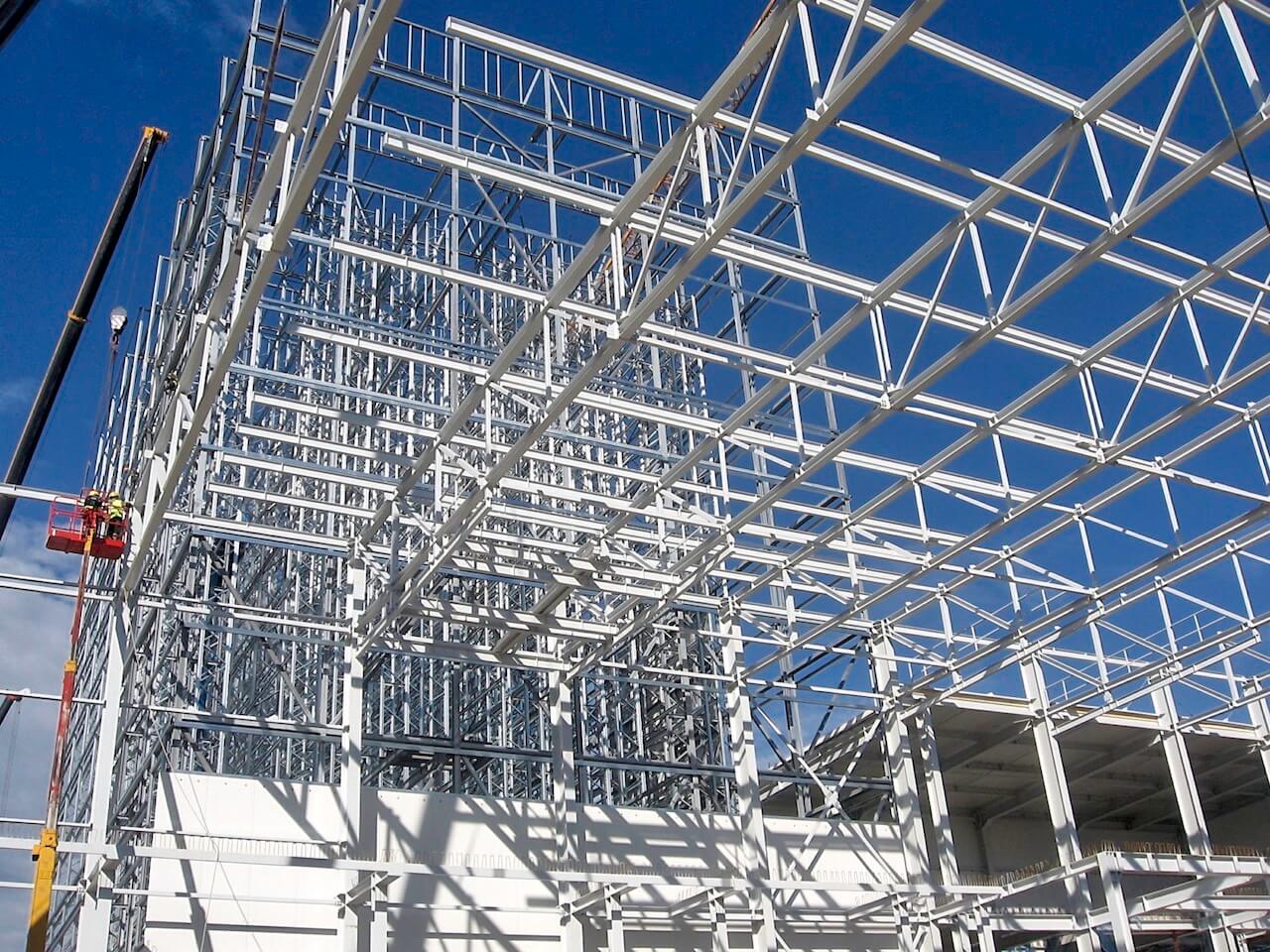 A large building under construction with a blue sky in the background