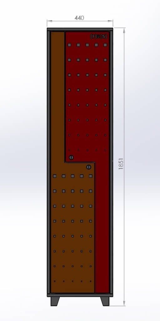 A 3d model of a cabinet with measurements on a white background.