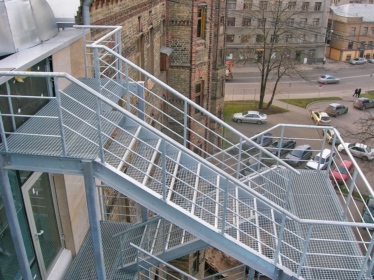 A set of metal stairs leading up to a building