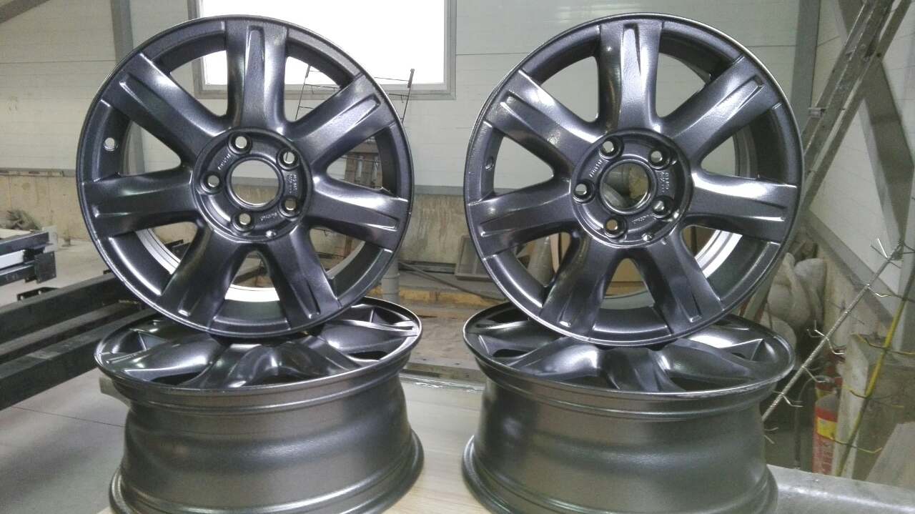 A pair of black wheels are sitting on top of each other on a table.