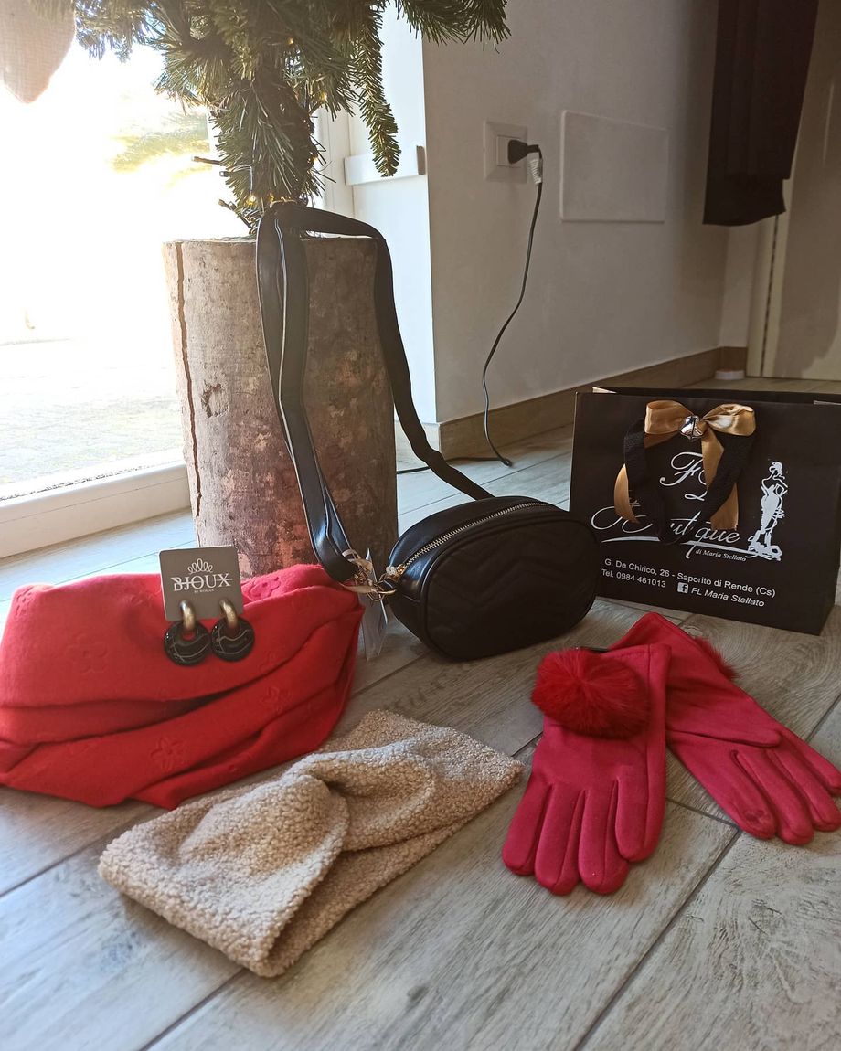Una borsa, una sciarpa, dei guanti e degli orecchini sono su un pavimento di legno.