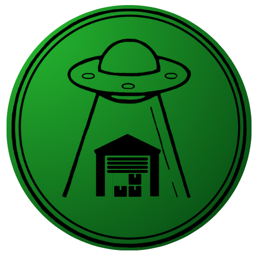 a green circle with a ufo flying over a garage.