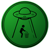 a green circle with a ufo flying over a man throwing trash into a trash can .