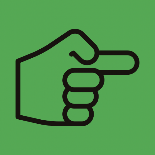 an icon of a hand pointing to the right on a green background .