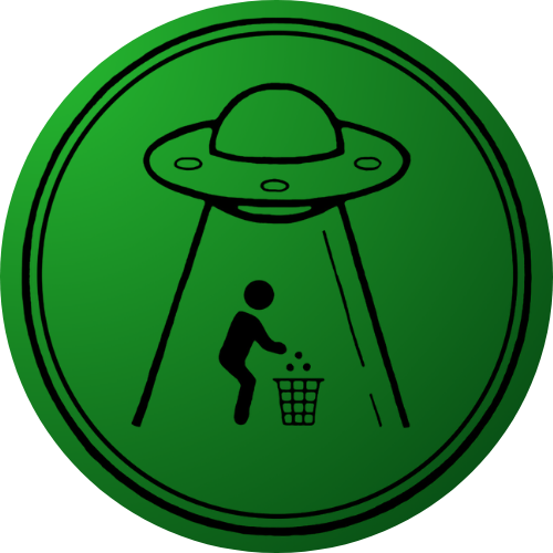 a green circle with a ufo and a person throwing trash into a trash can