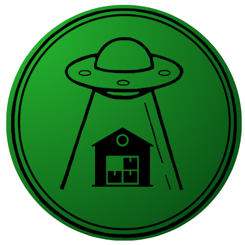 a green circle with an ufo flying over a storage unit with unwanted junk..