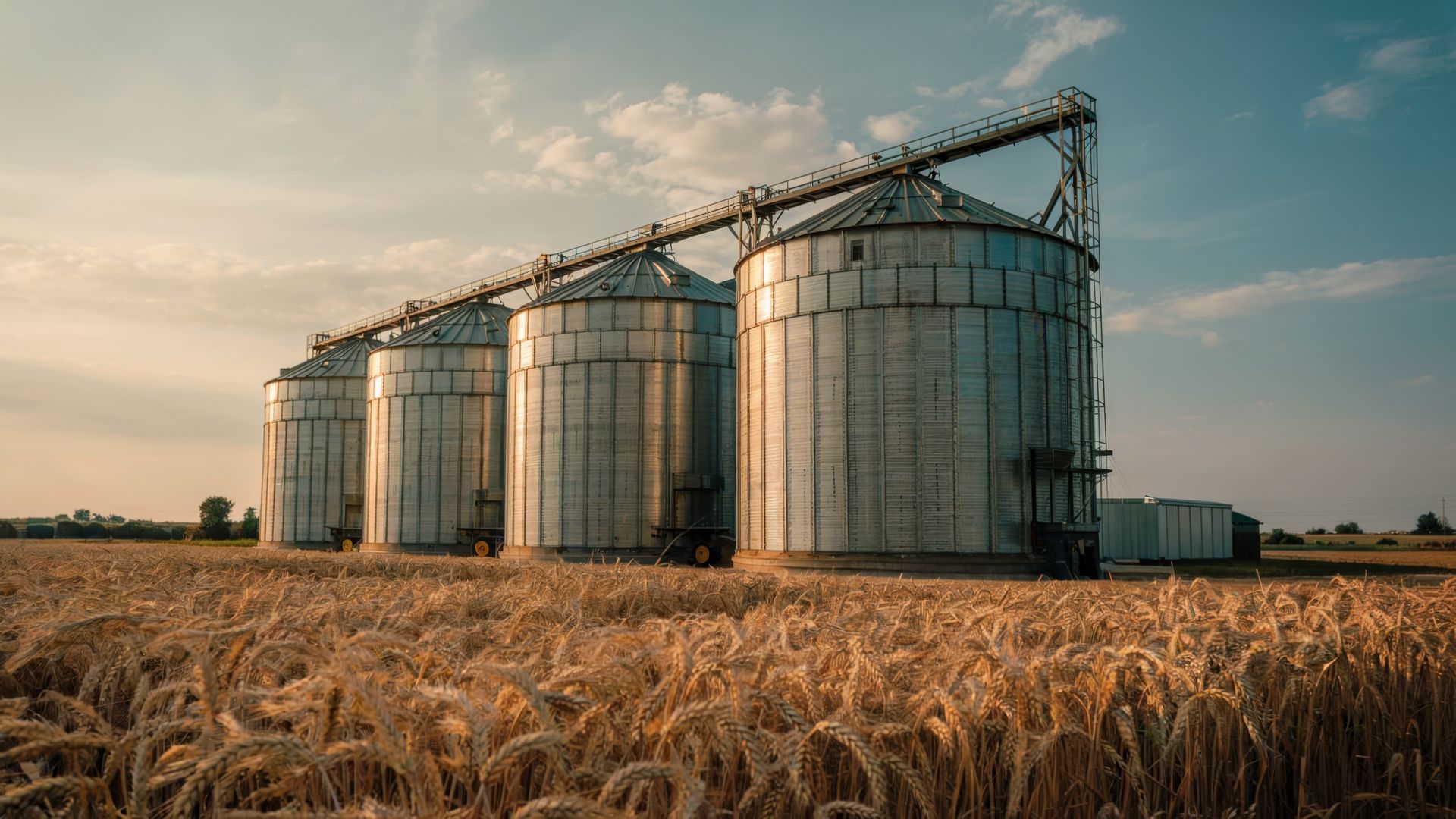 Grain silos in a wheat field under a blue sky, with an overhead conveyor belt.