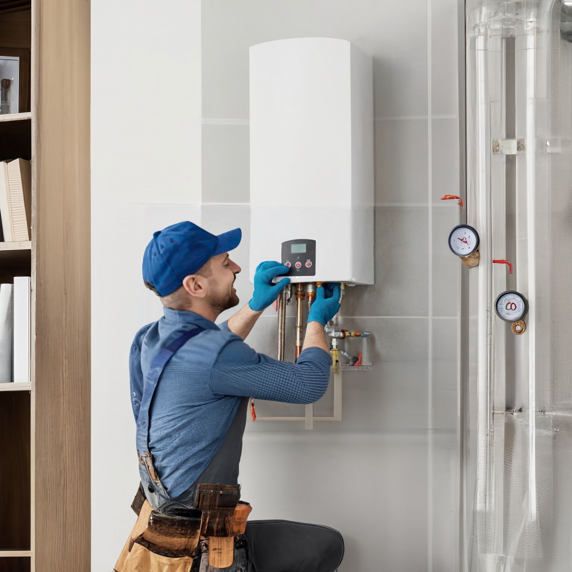 Technician in blue cap installs a white wall-mounted boiler, holding tools in a tiled utility room.
