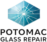 Logo for Potomac Glass Repair: Broken glass design in blue and white, with company name below.