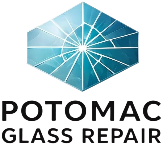 Logo for Potomac Glass Repair: Broken glass design in blue and white, with company name below.