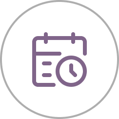 Calendar icon with clock overlay, purple on white.