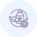 Bottle of pills, capsules, and a gear encircled by arrows, symbolizing medication refill or supply.
