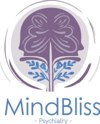 Mind Bliss logo with a purple brain-shaped design above a tree-like illustration with the text 