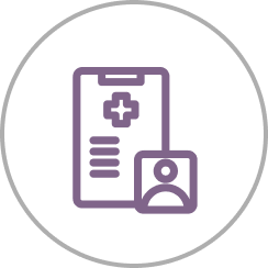 Medical record and patient icon in a circle.