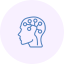 Blue outline of a head with a circuit board design inside, on a light purple circle.