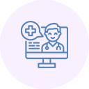 Doctor on computer screen; tele-health consultation, speech bubble with cross.