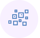 Blue squares scattered inside a pale purple circle.