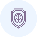 Brain icon within a shield, on a blue circular background.
