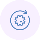 Blue gear inside a blue circular arrow on a lavender background.