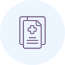 Medical documents icon with cross symbol on a paper, light blue background.