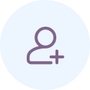 Person icon with a plus sign, light purple on blue circle.