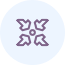 Four arrows converging toward a central point, inside a circle.