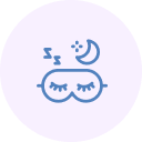 Blue sleep mask with closed eyes, moon, and stars on a light purple background.