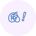 Blue tangled lines with an exclamation point on a light purple circle.