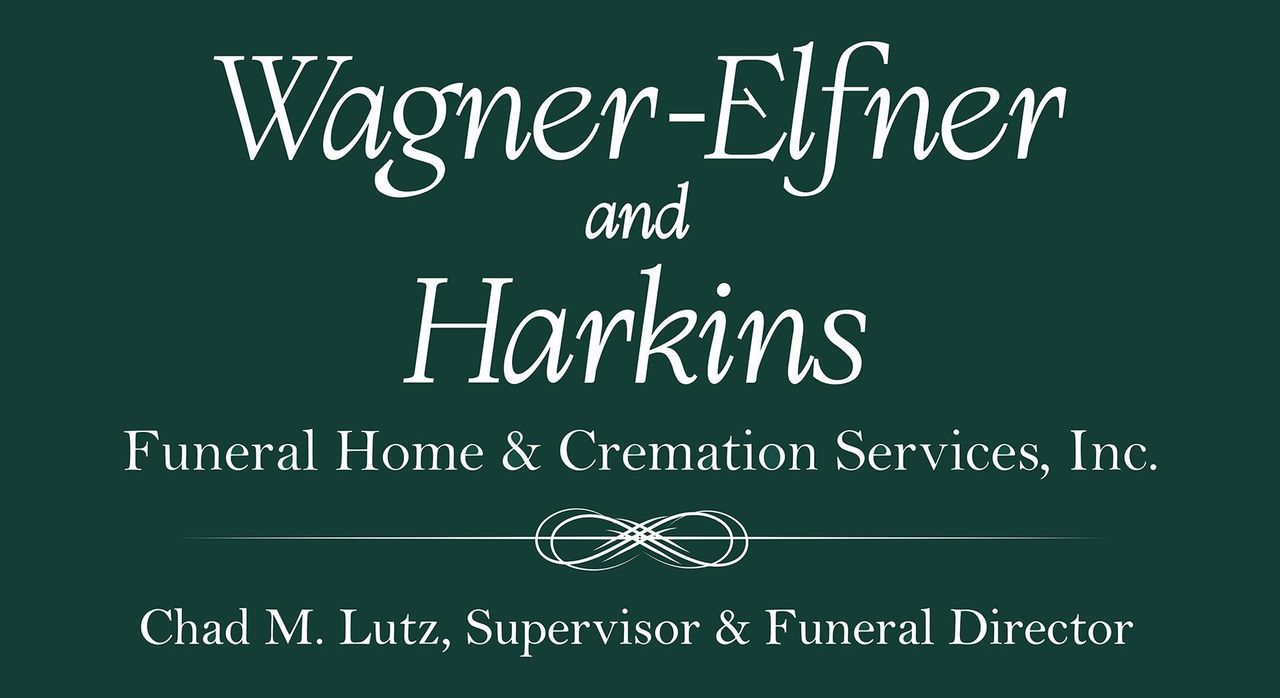 Dark teal logo: "Wagner-Elfner and Harkins" funeral home, white text. Underneath: "Funeral Home & Cremation Services." Chad M. Lutz listed.