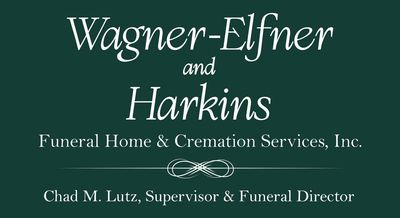 Dark teal logo: "Wagner-Elfner and Harkins" funeral home, white text. Underneath: "Funeral Home & Cremation Services." Chad M. Lutz listed.